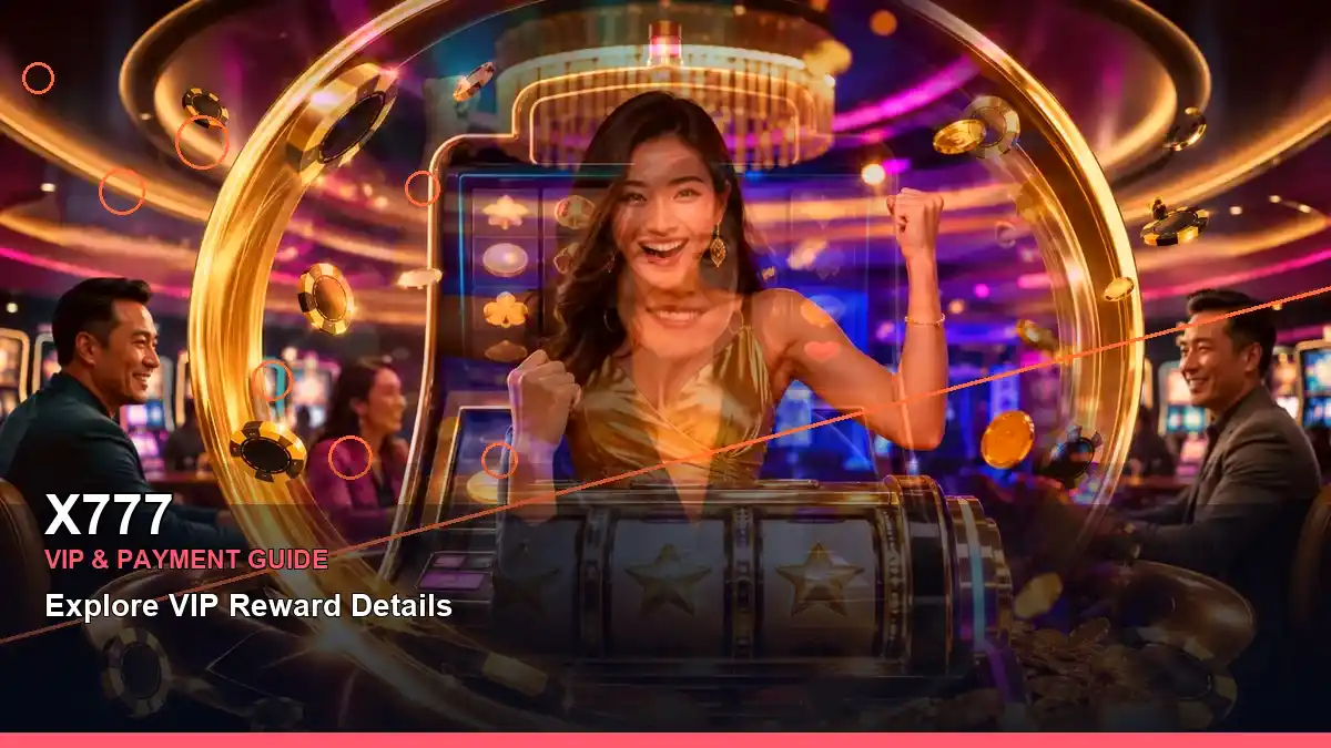 X777 reels casino bonus games featuring an adult Filipina casino host with a centered composition